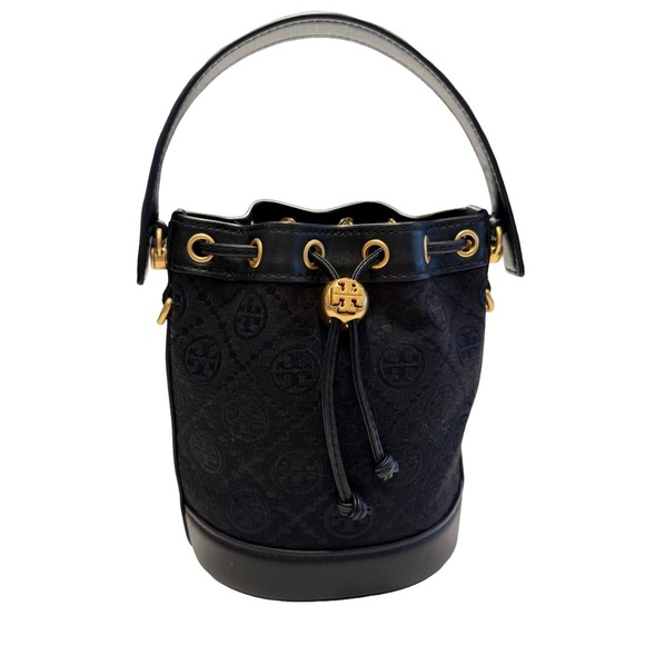Tory Burch T Monogram Mini Bucket Bag Black Canvas Leather Trim Gold Hdwr NWOT